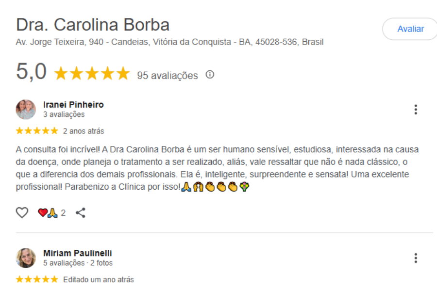 Depoimento de paciente no Google sobre a Dra. Carolina Borba em Salvador, destacando atendimento médico diferenciado e resultados no tratamento da queda de cabelo. paciente descreve atendimento humanizado em Salvador.