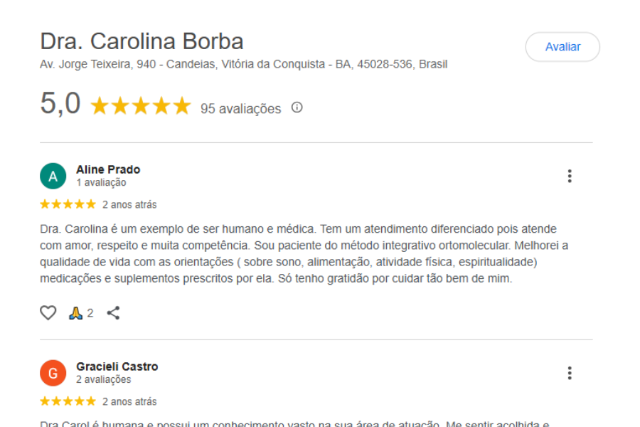 Depoimento de paciente no Google sobre a Dra. Carolina Borba em Salvador, destacando atendimento médico diferenciado e resultados no tratamento da queda de cabelo. paciente relata melhora após tratamento integrativo contra queda de cabelo.