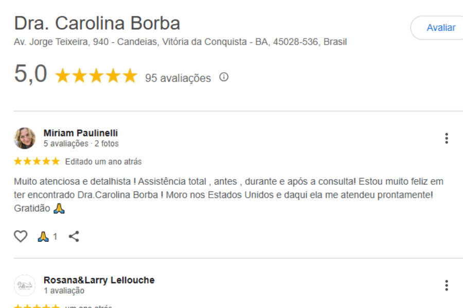 Depoimento de paciente no Google sobre a Dra. Carolina Borba em Salvador, destacando atendimento médico diferenciado e resultados no tratamento da queda de cabelo. paciente recomenda consulta dermatológica para queda capilar.