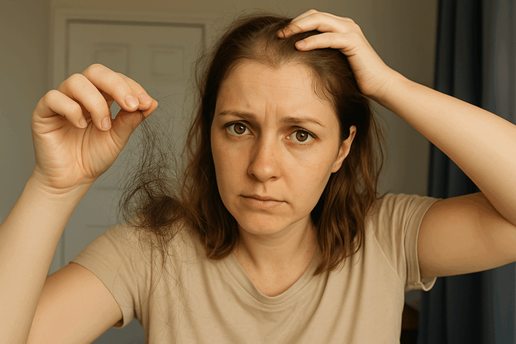 Mulher pós-parto segurando fios de cabelo na mão em frente ao espelho do banheiro, com expressão de preocupação, representando a queda de cabelo comum nessa fase.