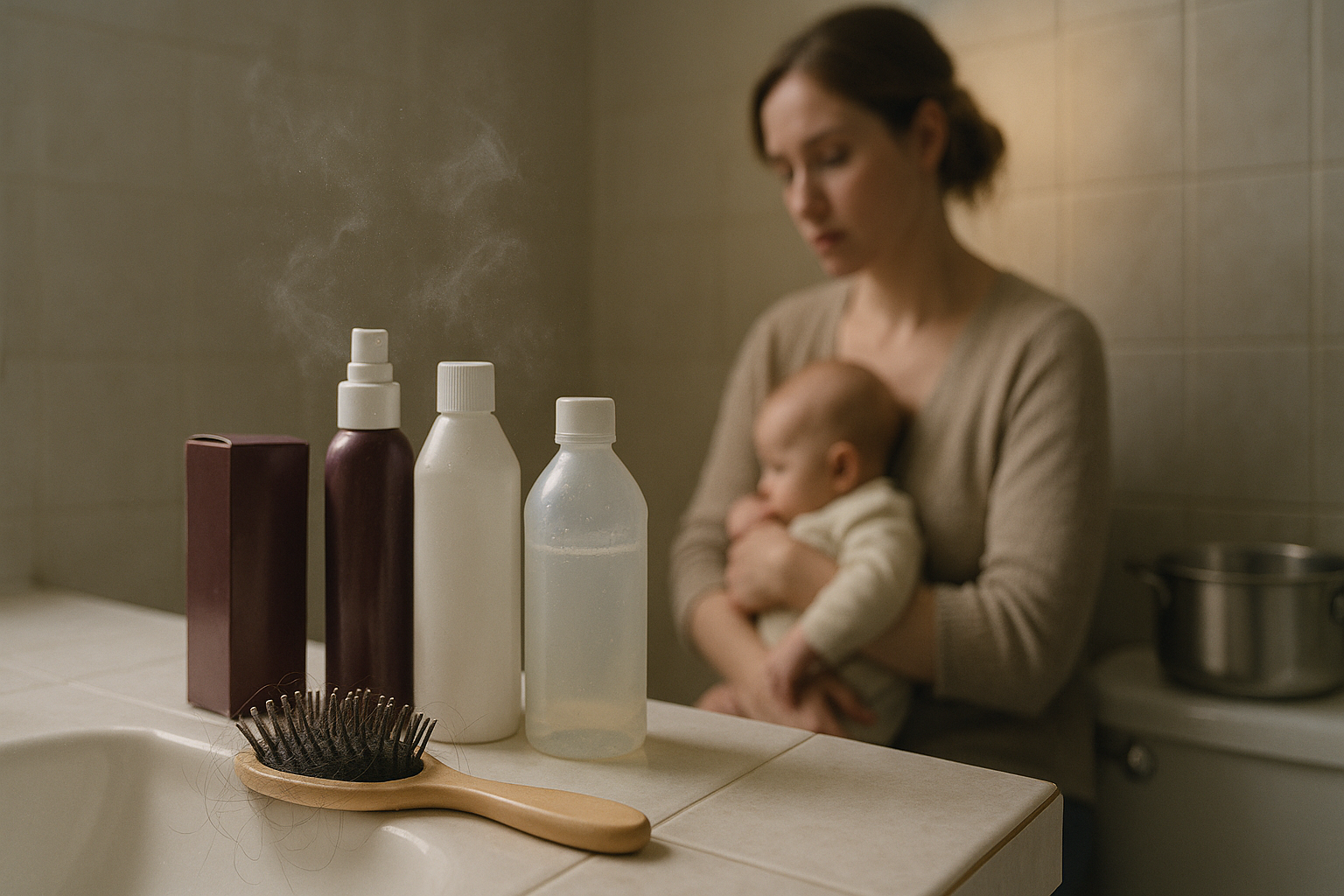 Escova de cabelo com fios soltos ao lado de cosméticos e utensílios comuns liberando névoa sutil de toxinas — queda de cabelo no pós-parto associada a fatores ambientais.