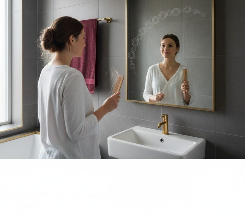 Mãe no pós-parto segurando escova com alguns fios — linha do tempo da queda de cabelo (eflúvio telógeno pós-parto), guia sobre quando é normal e quando investigar.