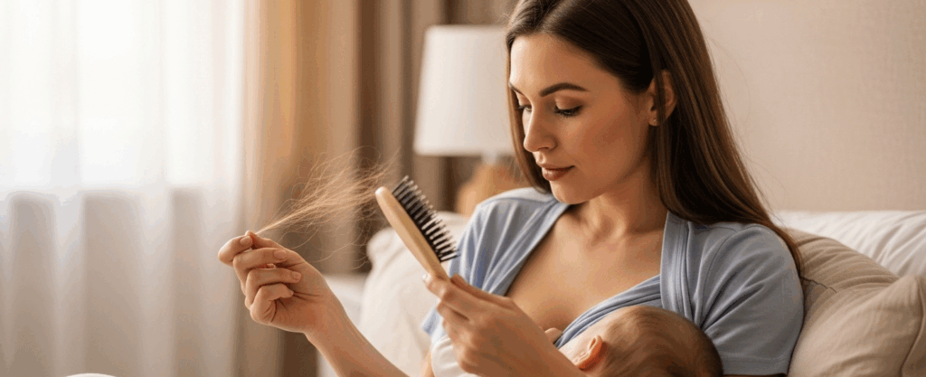 Mãe amamentando com cabelo visivelmente mais ralo e fios soltos na escova — queda de cabelo no pós-parto.