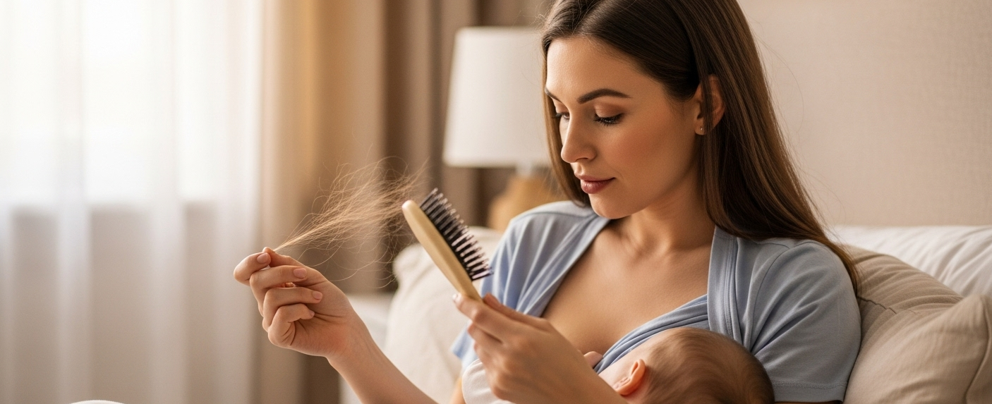 Mãe amamentando com cabelo visivelmente mais ralo e fios soltos na escova — queda de cabelo no pós-parto.