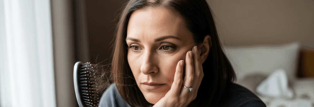 Mulher adulta olhando o espelho, com expressão pensativa, segurando uma escova que contém fios finos presos entre as cerdas — ilustra queda de cabelo e impacto na autoestima.