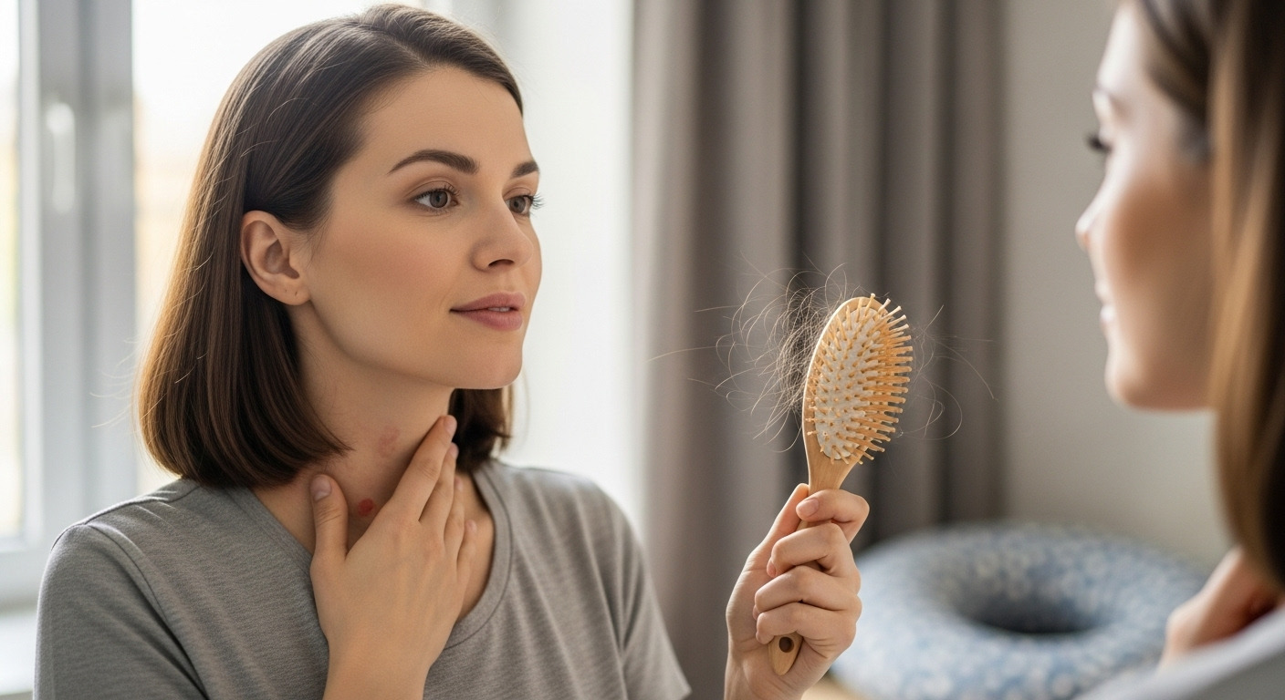 Mulher pós-parto tocando a região da tireoide e segurando uma escova com fios finos presos entre as cerdas — indicação de rarefação capilar pós-parto.