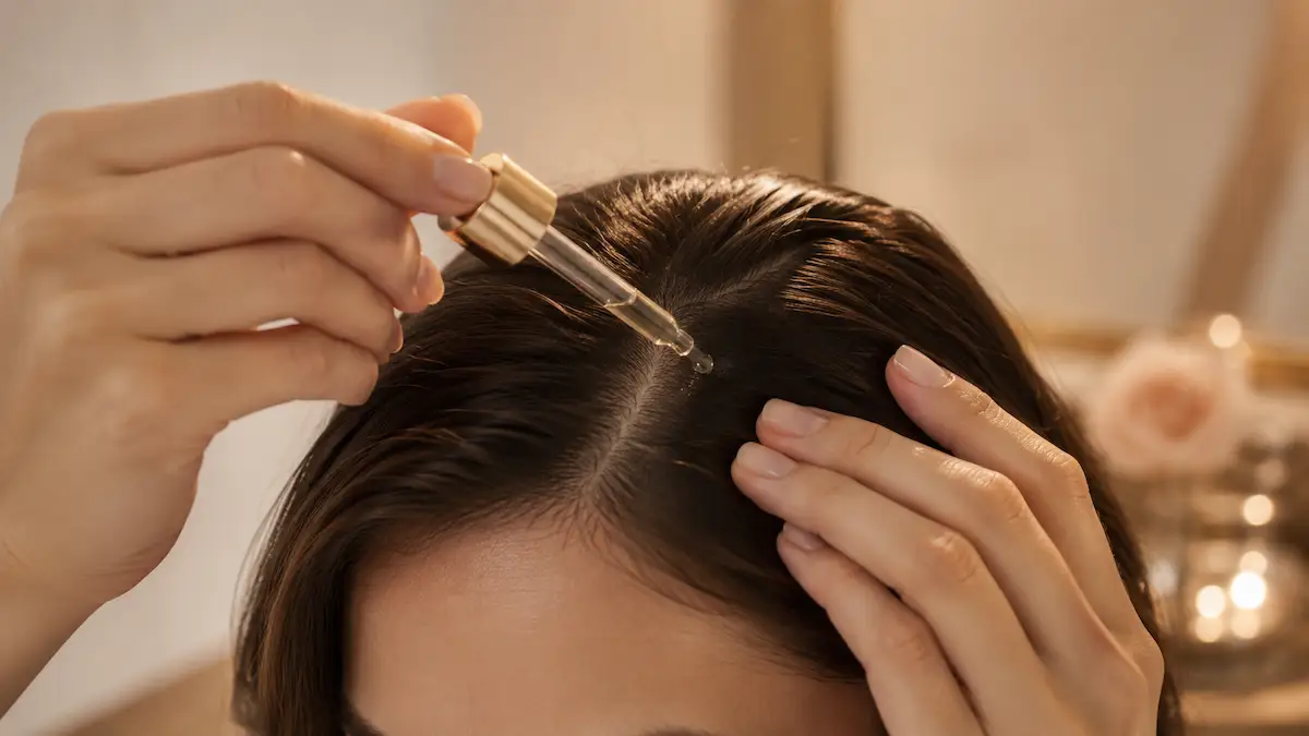 Aplicação de vitamina E no couro cabeludo com conta-gotas para tratar a queda de cabelo do Mounjaro