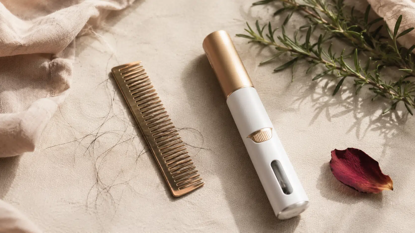 Caneta emagrecedora ao lado de um pente com fios caídos, ilustrando a queda de cabelo causada pelo Mounjaro
